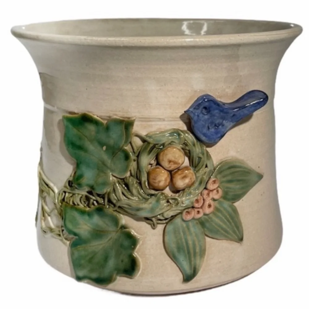 Hand Crafted Pottery Artisan Handmade Adornments Bird Nest Floral Ivy Blue Green
